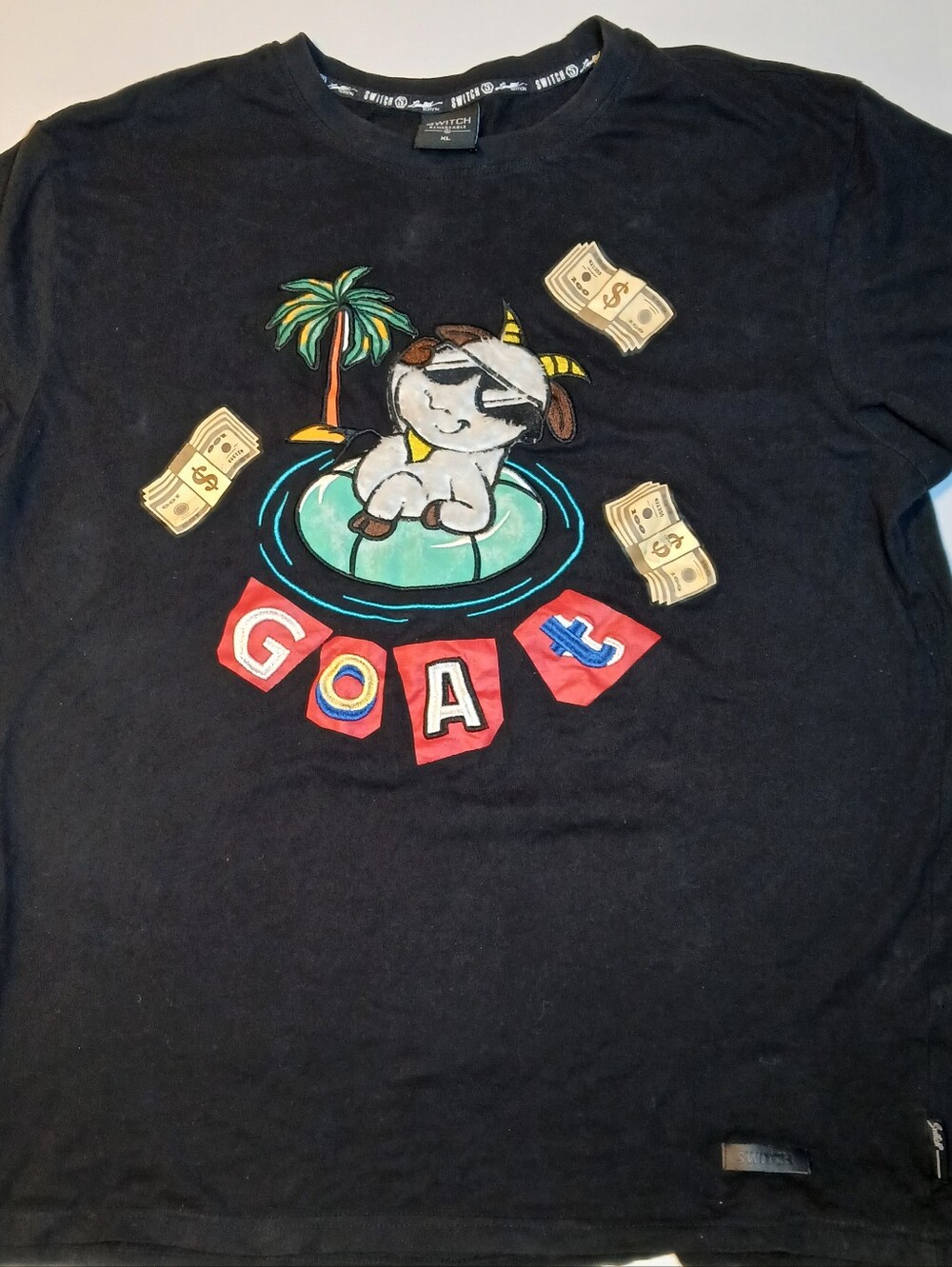 Switch Remarkable Black Graphic Tee with Tropical & Money Patch Accents